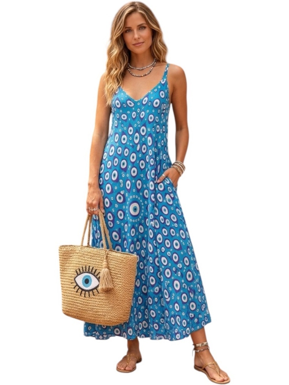 Evil Eye Mandala Boho Parachute Maxi Dress Large Whimsigoth Festival Hippie